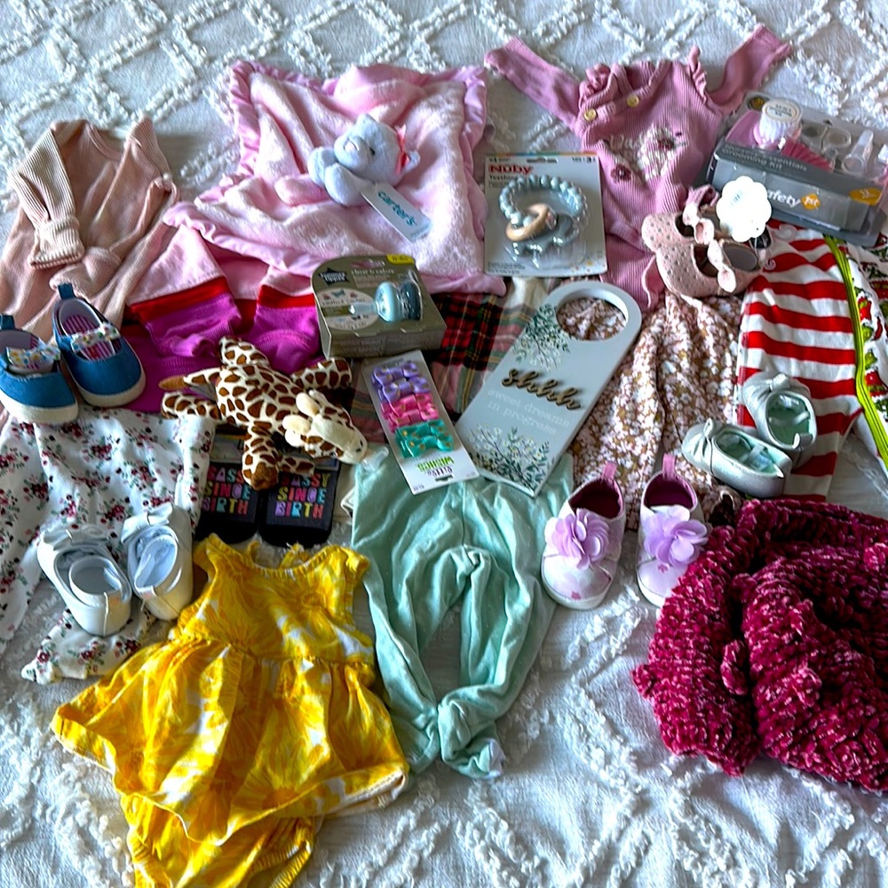 0-9 Baby girl clothes, shoes, rattle, grooming kit, pacifier holder, socks.